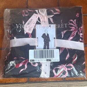 Victoria's Secret Black Pajama Set with Pink Ribbon Design